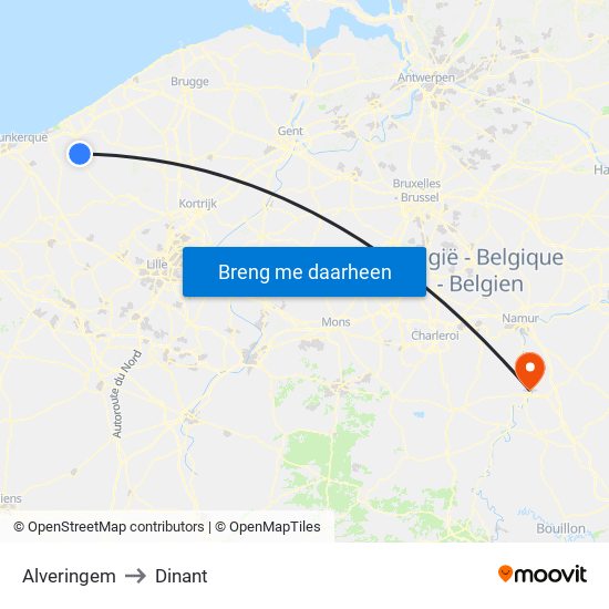 Alveringem to Dinant map