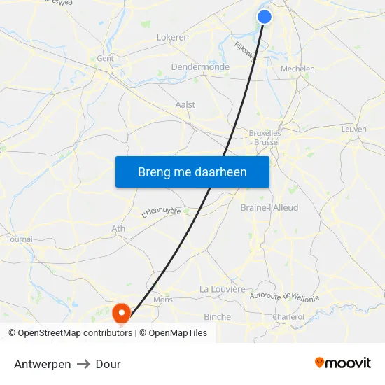 Antwerpen to Dour map