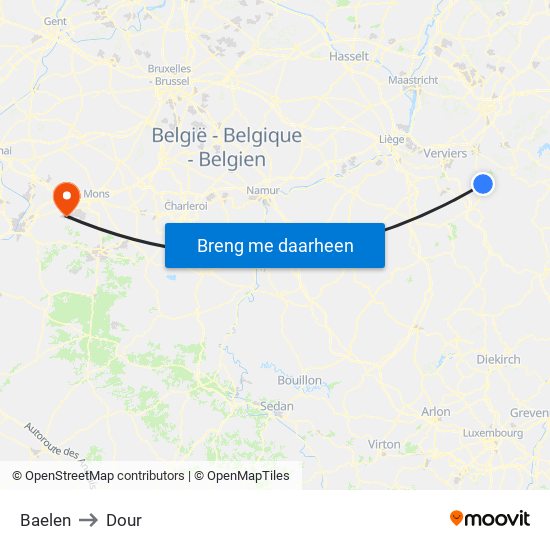 Baelen to Dour map