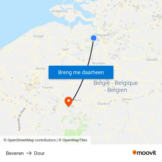 Beveren to Dour map