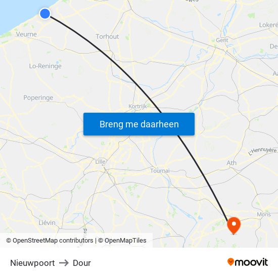 Nieuwpoort to Dour map