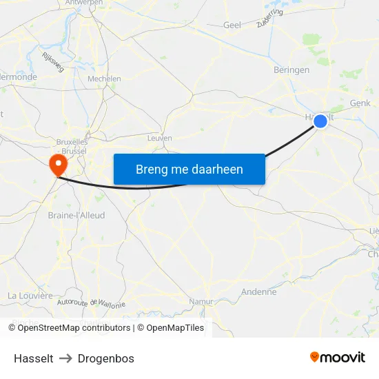 Hasselt to Drogenbos map
