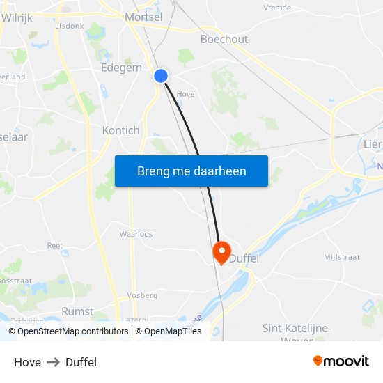 Hove to Duffel map