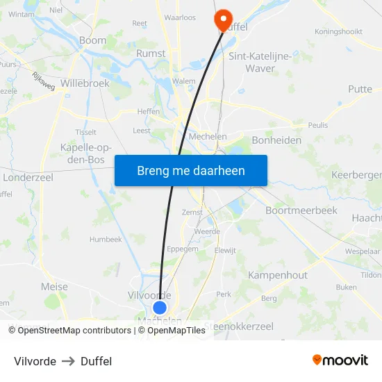 Vilvorde to Duffel map