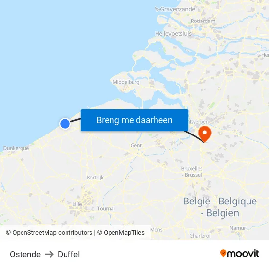 Ostende to Duffel map