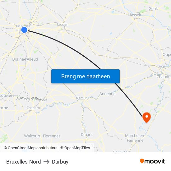 Bruxelles-Nord to Durbuy map