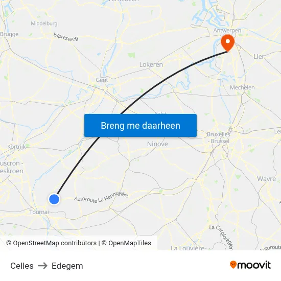 Celles to Edegem map