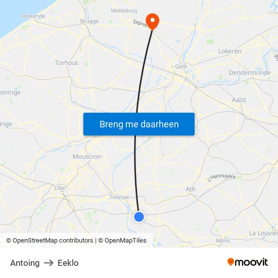 Antoing to Eeklo map
