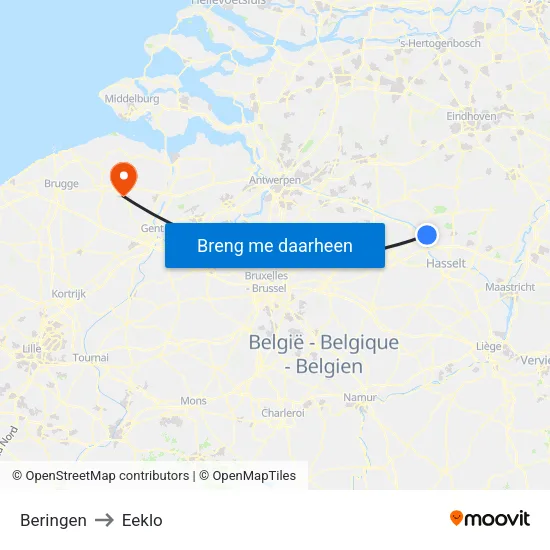 Beringen to Eeklo map