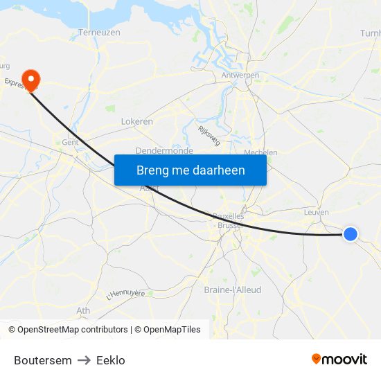 Boutersem to Eeklo map