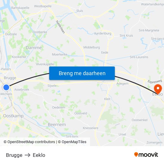 Brugge to Eeklo map
