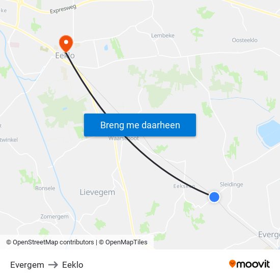 Evergem to Eeklo map