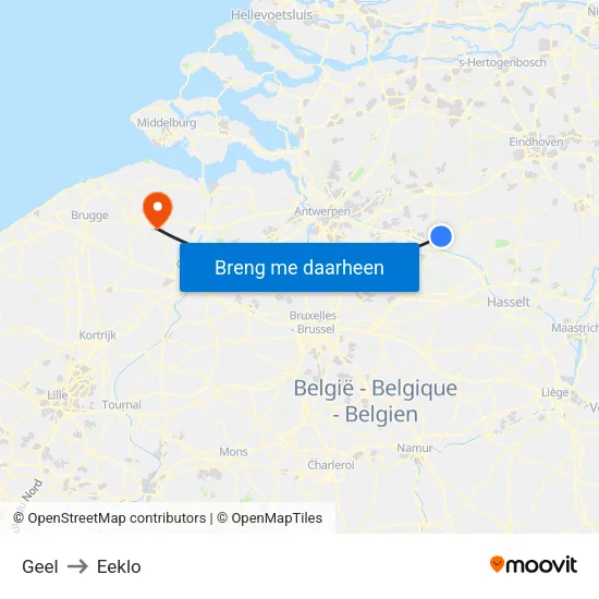 Geel to Eeklo map