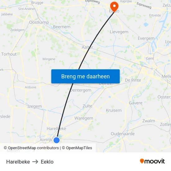 Harelbeke to Eeklo map