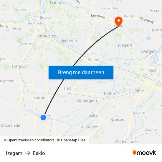 Izegem to Eeklo map