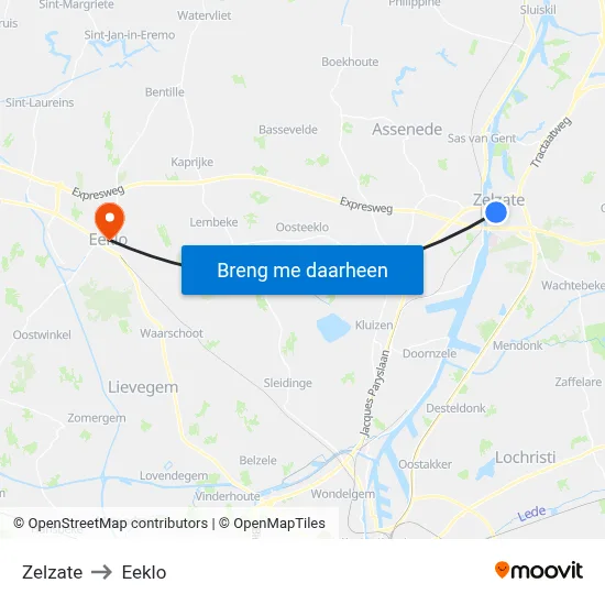 Zelzate to Eeklo map