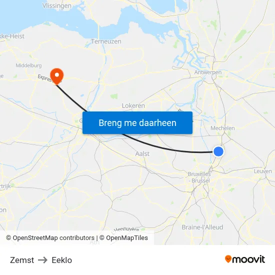 Zemst to Eeklo map