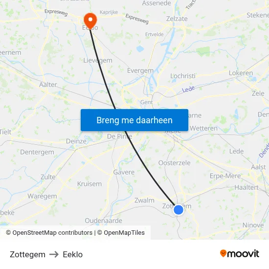 Zottegem to Eeklo map