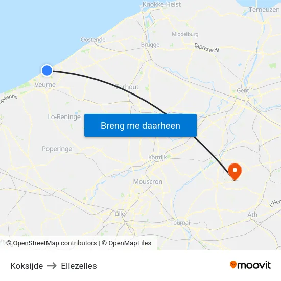 Koksijde to Ellezelles map