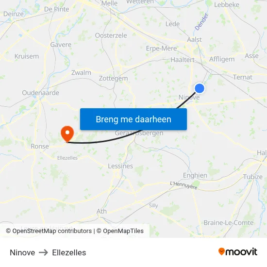 Ninove to Ellezelles map