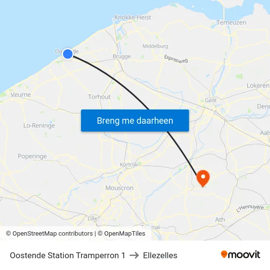 Oostende Station Tramperron 1 to Ellezelles map