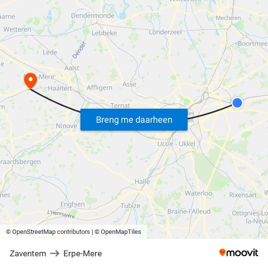 Zaventem to Erpe-Mere map