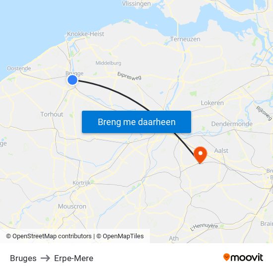 Bruges to Erpe-Mere map