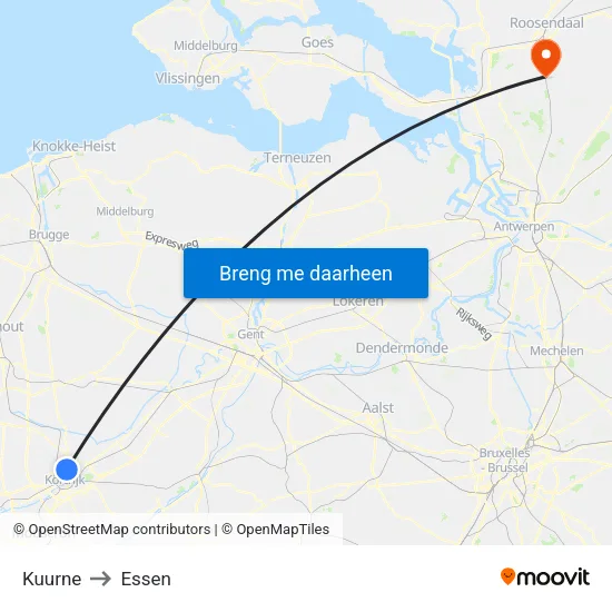 Kuurne to Essen map