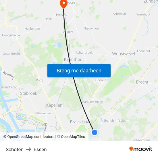 Schoten to Essen map