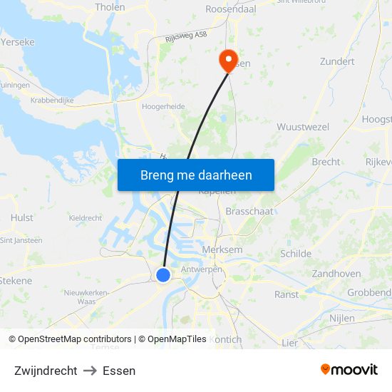 Zwijndrecht to Essen map