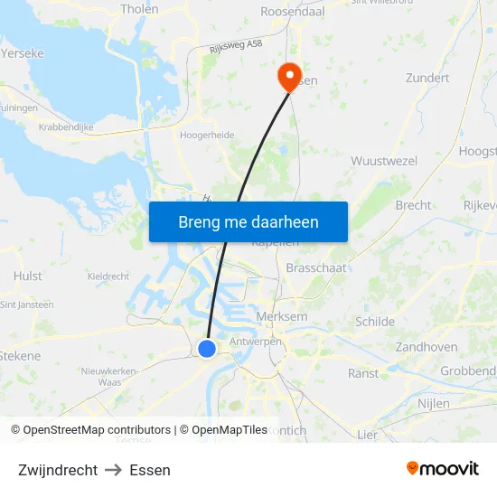 Zwijndrecht to Essen map