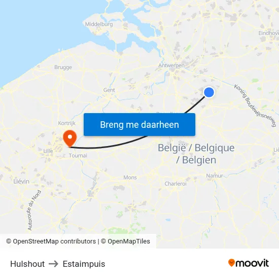 Hulshout to Estaimpuis map