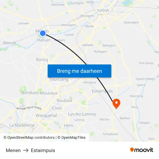 Menen to Estaimpuis map