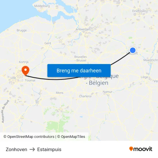 Zonhoven to Estaimpuis map