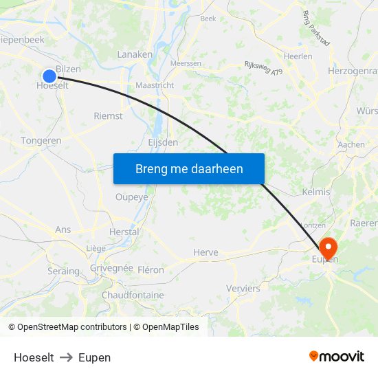 Hoeselt to Eupen map