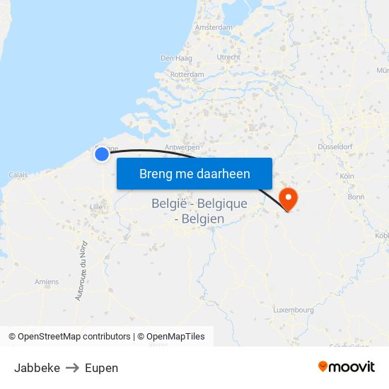 Jabbeke to Eupen map