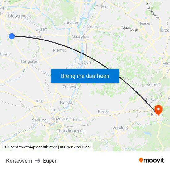 Kortessem to Eupen map