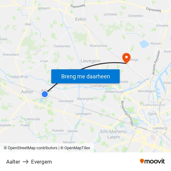 Aalter to Evergem map