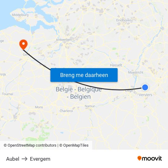 Aubel to Evergem map