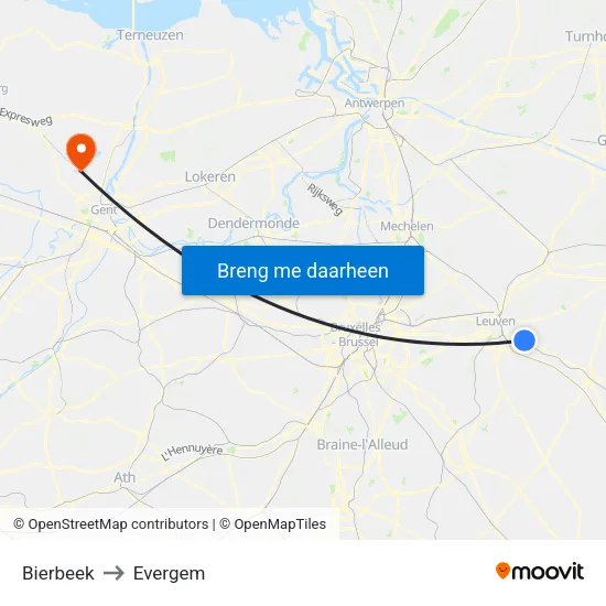 Bierbeek to Evergem map