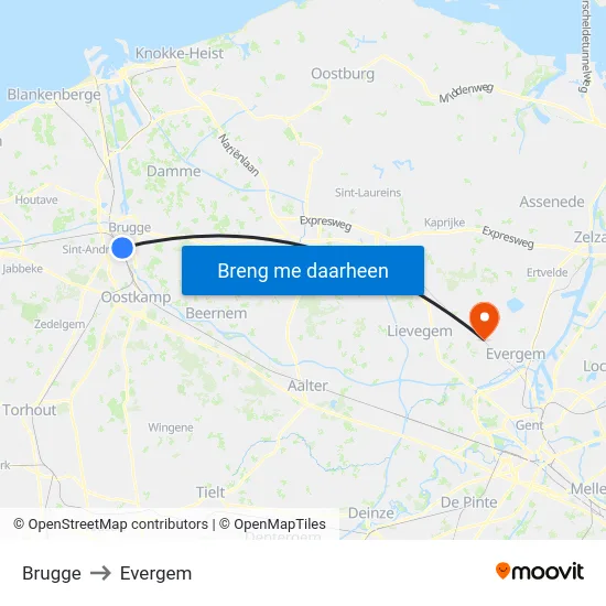 Brugge to Evergem map