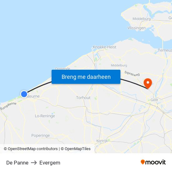 De Panne to Evergem map