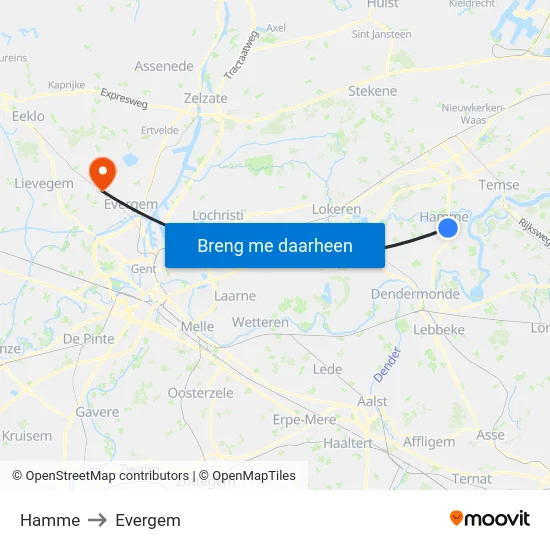 Hamme to Evergem map