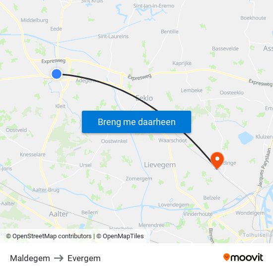 Maldegem to Evergem map