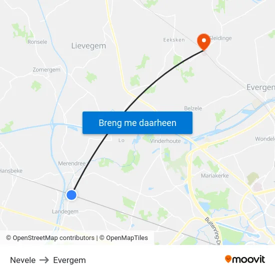Nevele to Evergem map