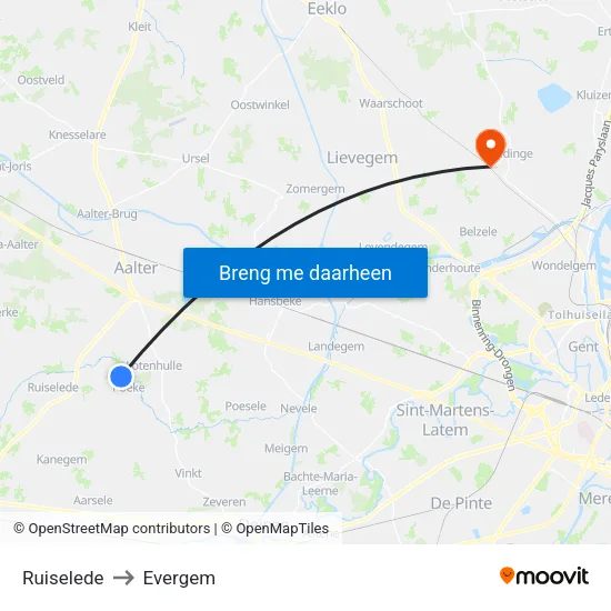 Ruiselede to Evergem map