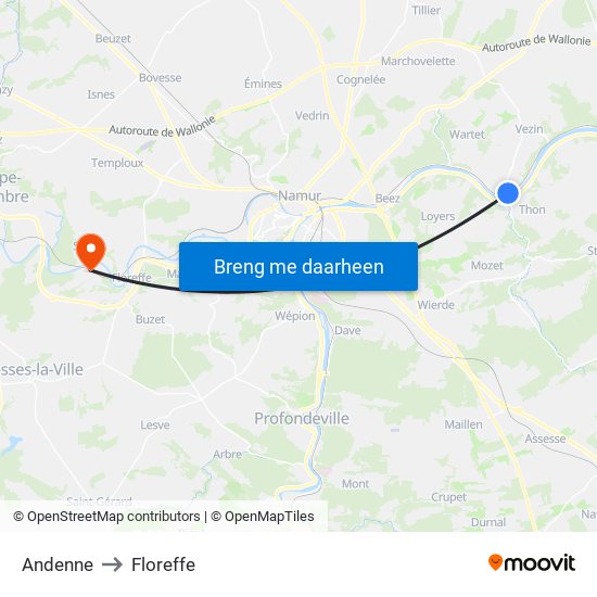Andenne to Floreffe map