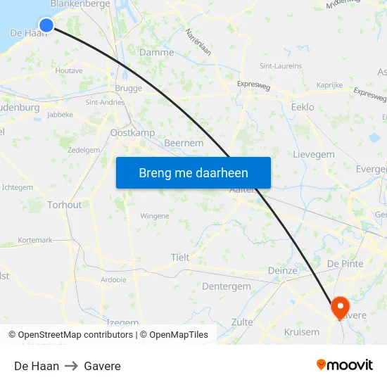 De Haan to Gavere map