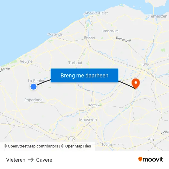 Vleteren to Gavere map