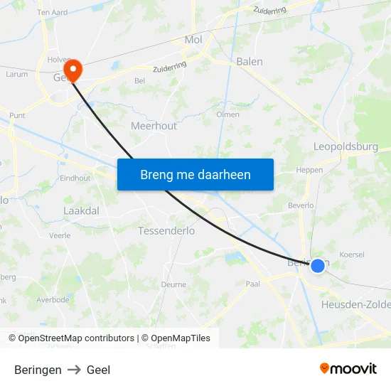 Beringen to Geel map